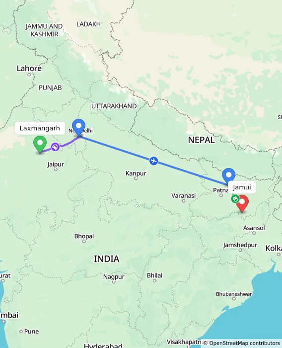 Route map showing distance and travel time from Laxmangarh, India to Jamui, India
