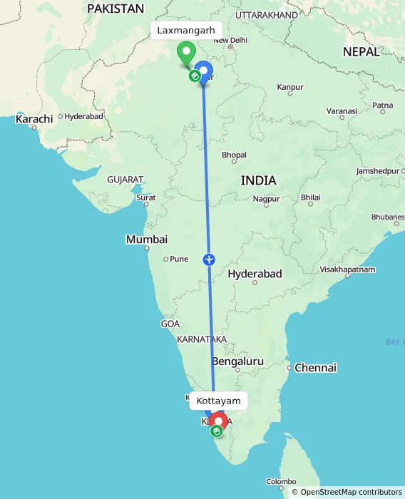 Route map showing distance and travel time from Laxmangarh, India to Kottayam, India