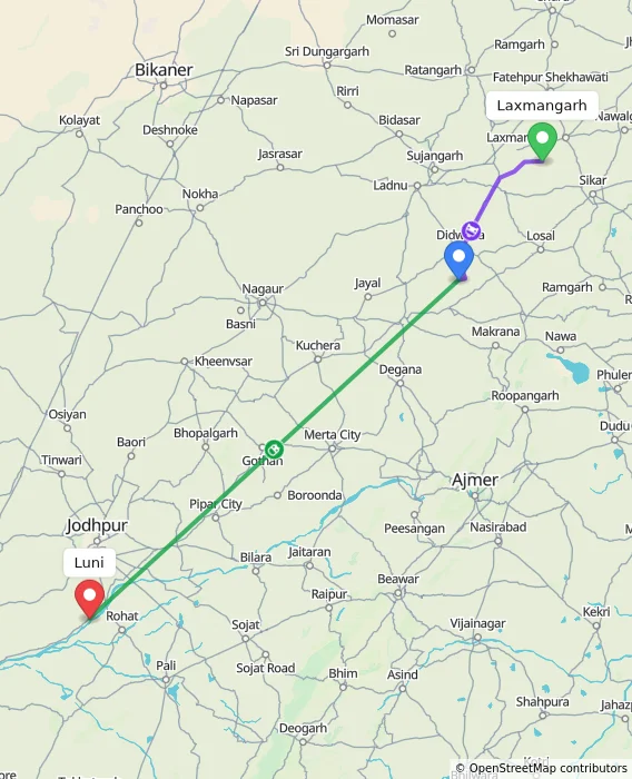 Route map showing distance and travel time from Laxmangarh, India to Luni, India