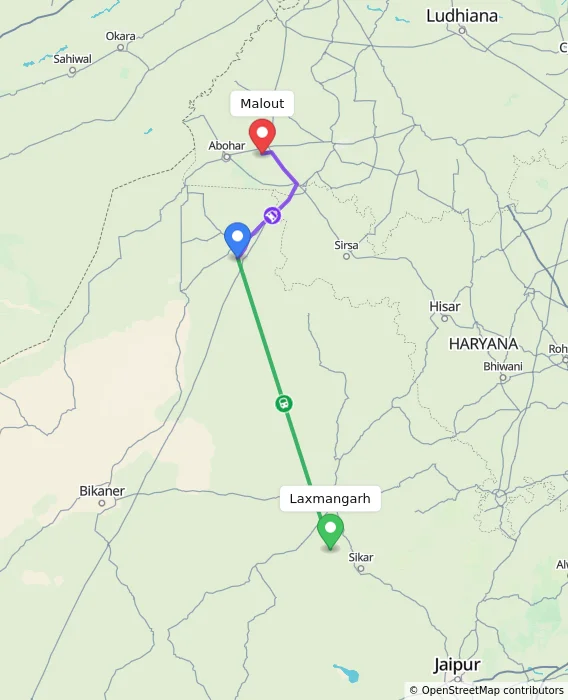 Route map showing distance and travel time from Laxmangarh, India to Malout, India