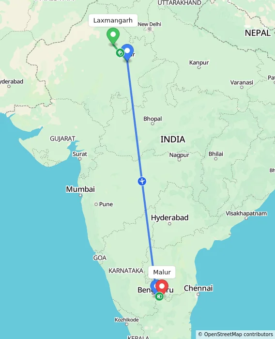 Route map showing distance and travel time from Laxmangarh, India to Malur, India