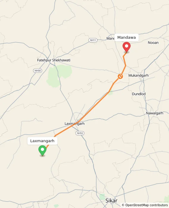 Route map showing distance and travel time from Laxmangarh, India to Mandawa, India