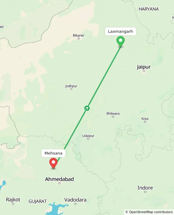 Route map showing distance and travel time from Laxmangarh, India to Mehsana, India