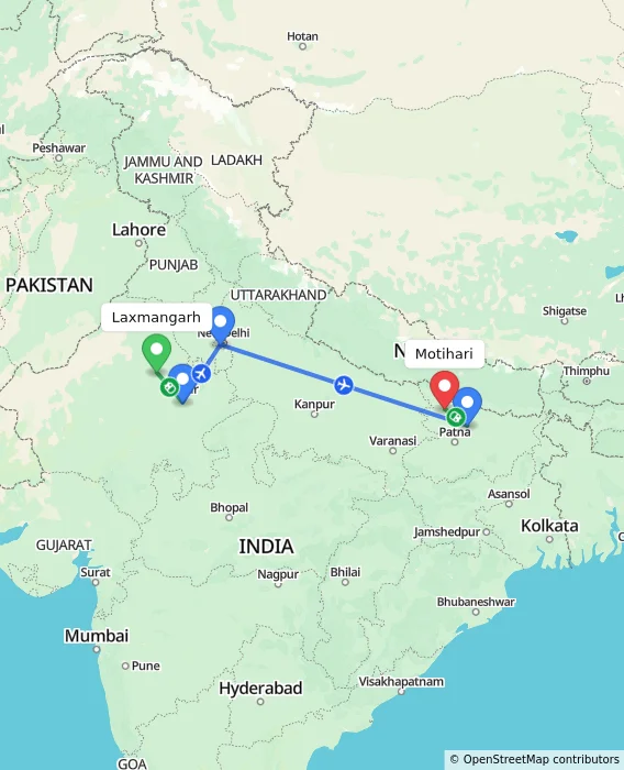 Route map showing distance and travel time from Laxmangarh, India to Motihari, India