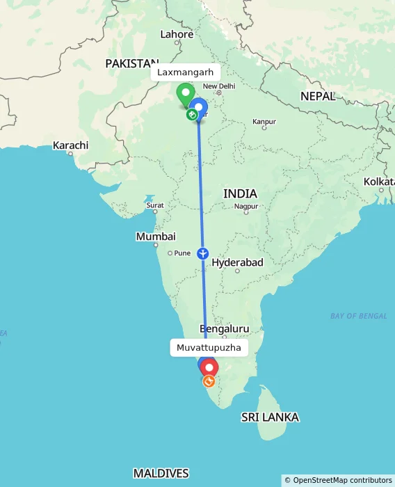 Route map showing distance and travel time from Laxmangarh, India to Muvattupuzha, India