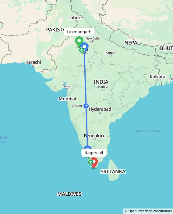 Route map showing distance and travel time from Laxmangarh, India to Nagercoil, India