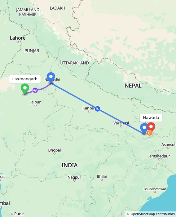 Route map showing distance and travel time from Laxmangarh, India to Nawada, India