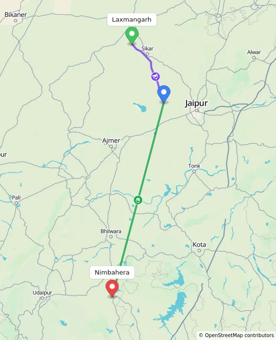 Route map showing distance and travel time from Laxmangarh, India to Nimbahera, India