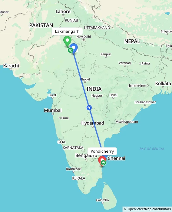 Route map showing distance and travel time from Laxmangarh, India to Pondicherry, India