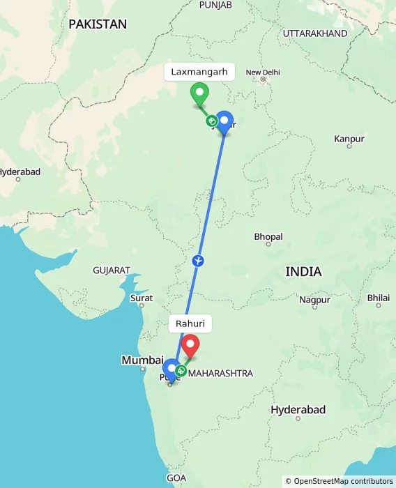 Route map showing distance and travel time from Laxmangarh, India to Rahuri, India