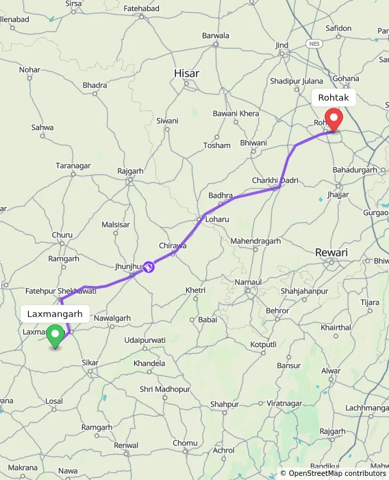 Route map showing distance and travel time from Laxmangarh, India to Rohtak, India