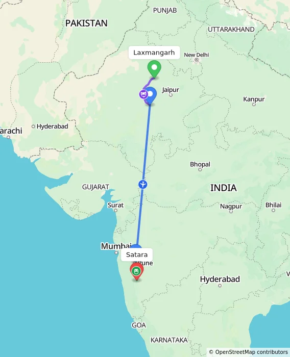Route map showing distance and travel time from Laxmangarh, India to Satara, India