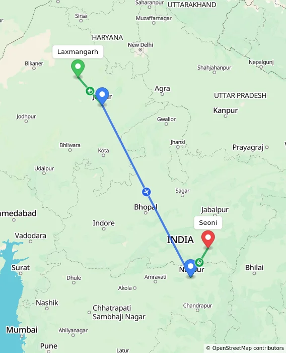Route map showing distance and travel time from Laxmangarh, India to Seoni, India