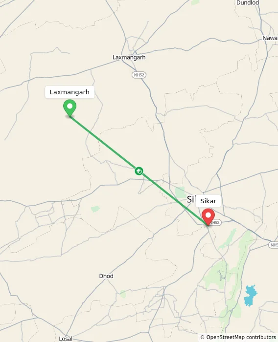 Route map showing distance and travel time from Laxmangarh, India to Sikar, India