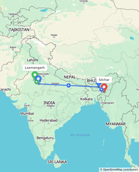 Route map showing distance and travel time from Laxmangarh, India to Silchar, India
