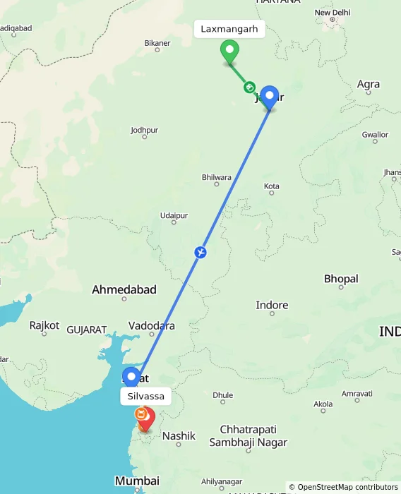 Route map showing distance and travel time from Laxmangarh, India to Silvassa, India