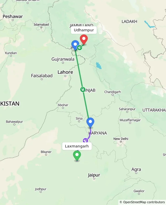 Route map showing distance and travel time from Laxmangarh, India to Udhampur, India