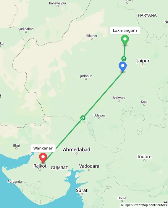 Route map showing distance and travel time from Laxmangarh, India to Wankaner, India