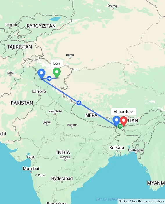 Route map showing distance and travel time from Leh, India to Alipurduar, India