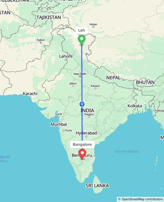 Route map showing distance and travel time from Leh, India to Bangalore, India