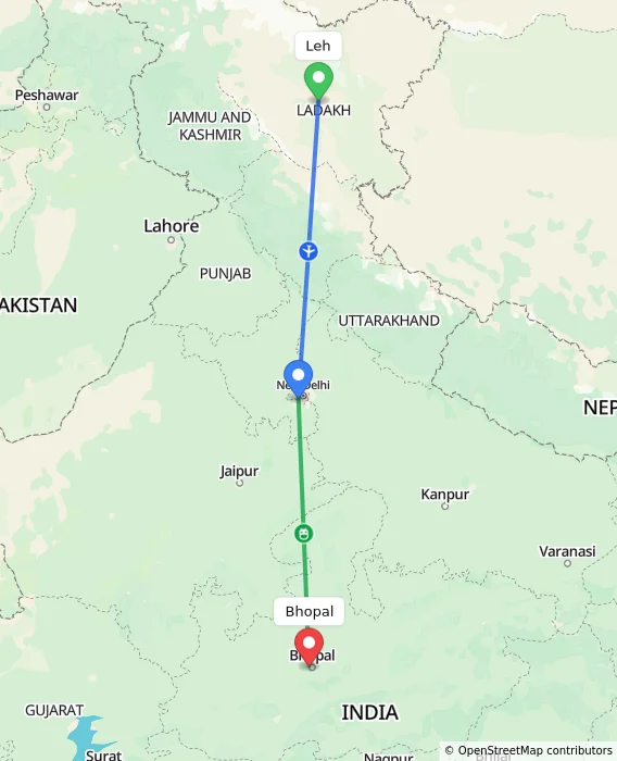 Route map showing distance and travel time from Leh, India to Bhopal, India