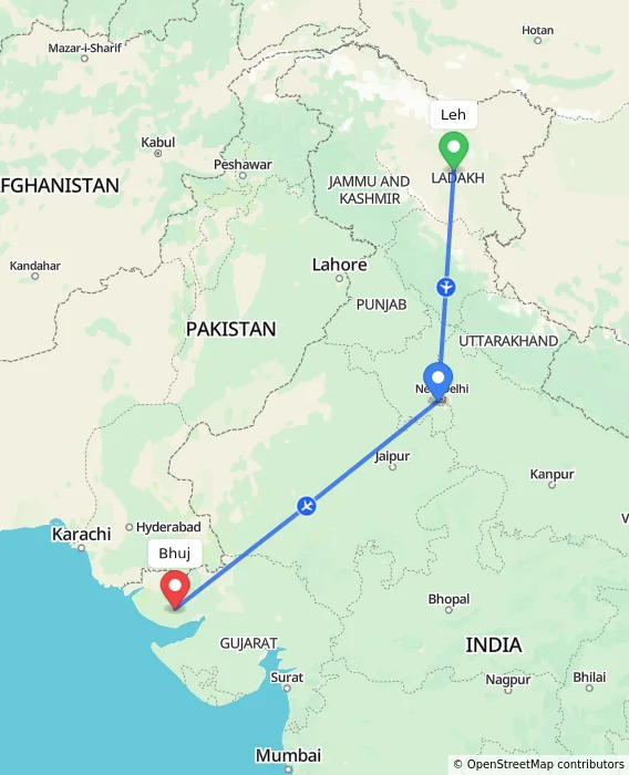 Route map showing distance and travel time from Leh, India to Bhuj, India