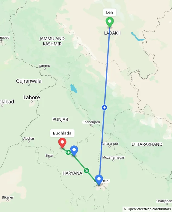 Route map showing distance and travel time from Leh, India to Budhlada, India