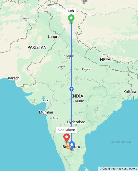 Route map showing distance and travel time from Leh, India to Challakere, India