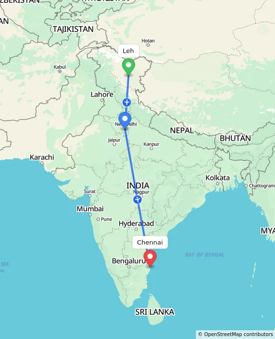 Route map showing distance and travel time from Leh, India to Chennai, India