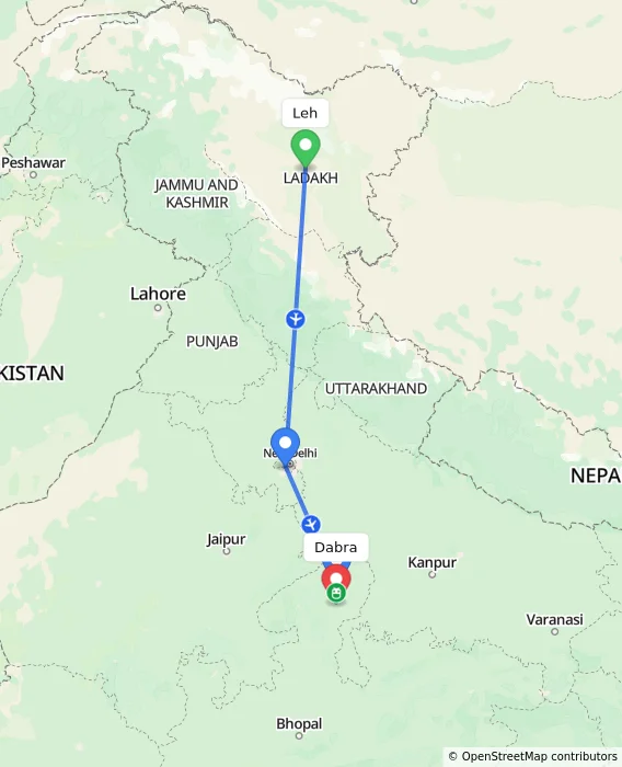 Route map showing distance and travel time from Leh, India to Dabra, India