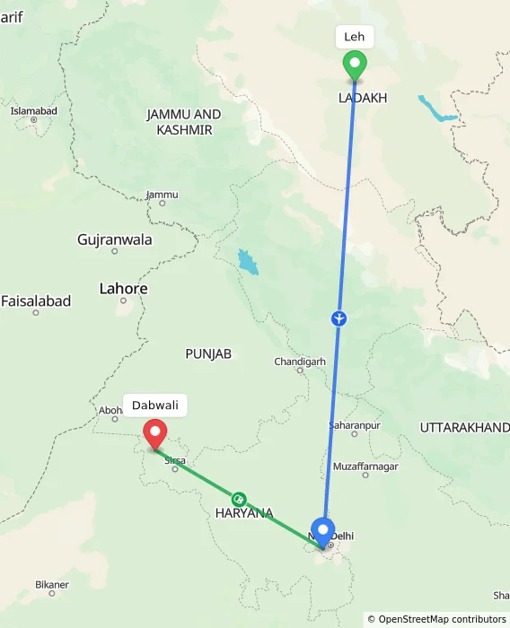 Route map showing distance and travel time from Leh, India to Dabwali, India