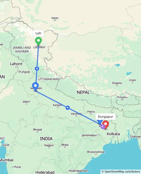 Route map showing distance and travel time from Leh, India to Durgapur, India