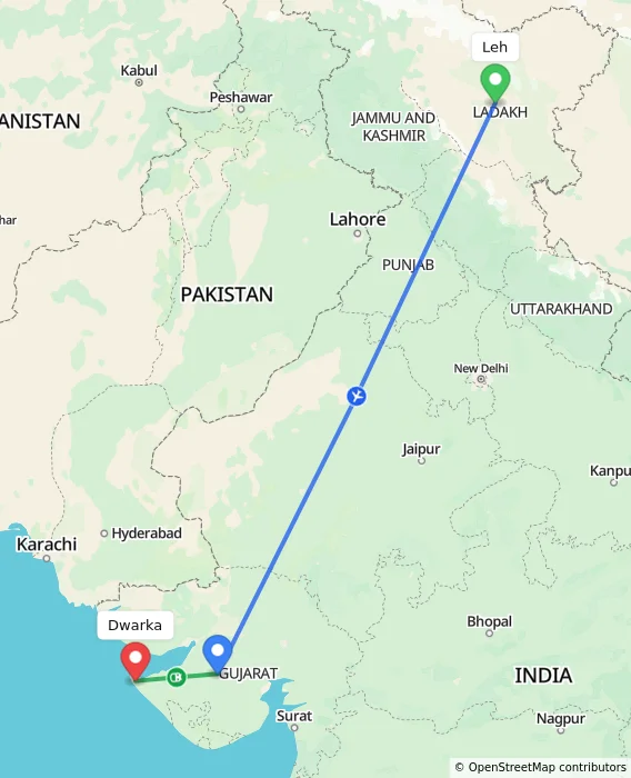 Route map showing distance and travel time from Leh, India to Dwarka, India