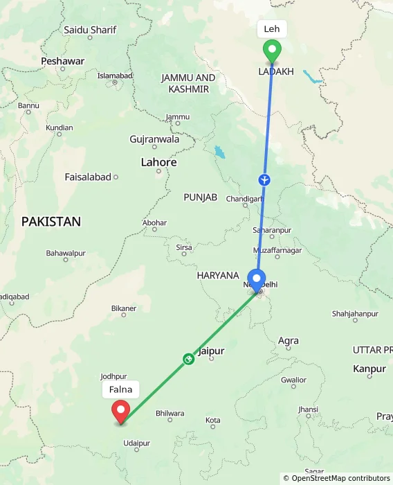 Route map showing distance and travel time from Leh, India to Falna, India