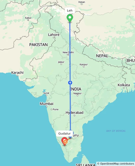 Route map showing distance and travel time from Leh, India to Gudalur, India