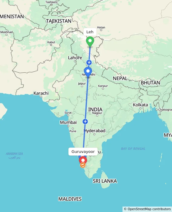 Route map showing distance and travel time from Leh, India to Guruvayoor, India
