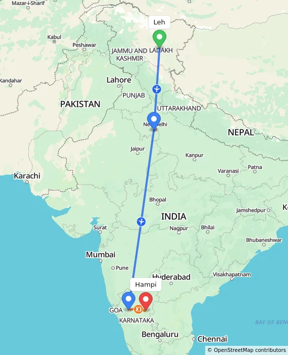 Route map showing distance and travel time from Leh, India to Hampi, India