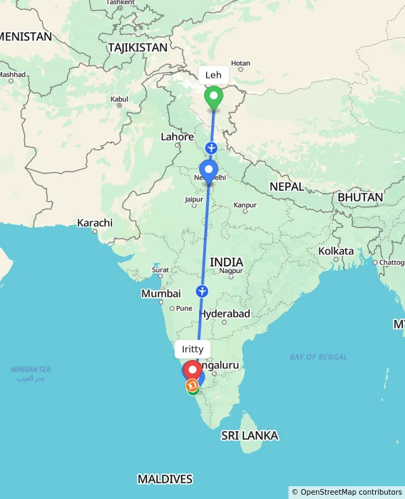 Route map showing distance and travel time from Leh, India to Iritty, India