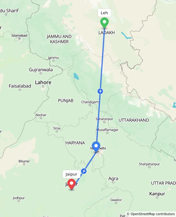 Route map showing distance and travel time from Leh, India to Jaipur, India