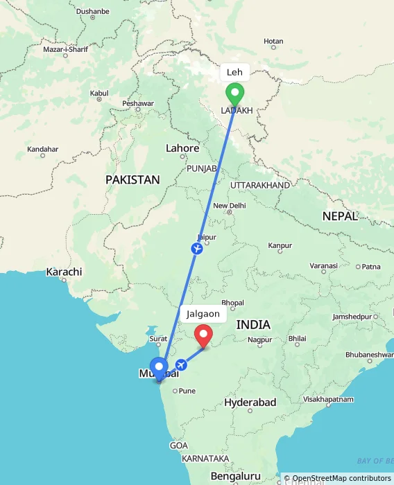 Route map showing distance and travel time from Leh, India to Jalgaon, India