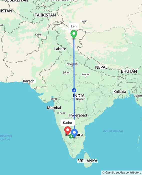 Route map showing distance and travel time from Leh, India to Kadur, India