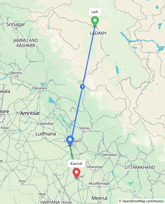 Route map showing distance and travel time from Leh, India to Karnal, India