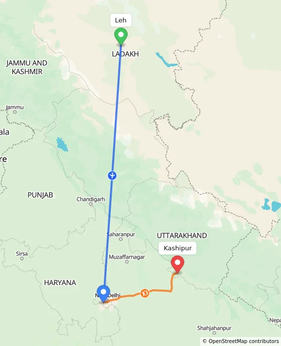 Route map showing distance and travel time from Leh, India to Kashipur, India