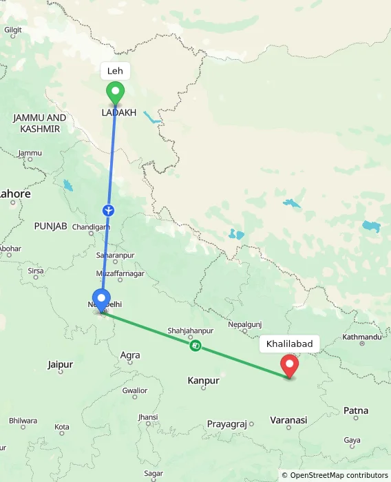 Route map showing distance and travel time from Leh, India to Khalilabad, India