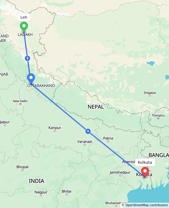 Route map showing distance and travel time from Leh, India to Kolkata, India