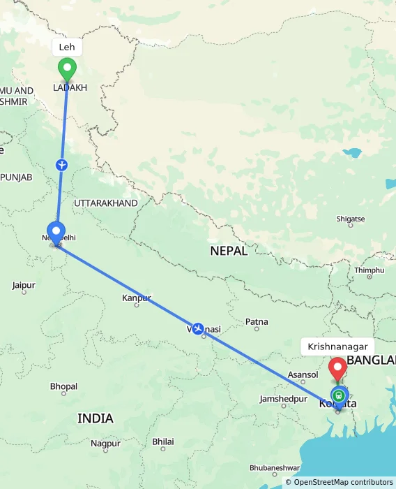 Route map showing distance and travel time from Leh, India to Krishnanagar, India