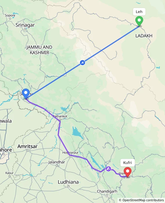 Route map showing distance and travel time from Leh, India to Kufri, India