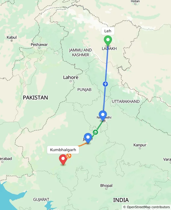 Route map showing distance and travel time from Leh, India to Kumbhalgarh, India