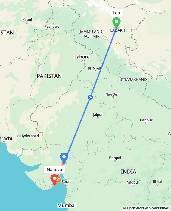 Route map showing distance and travel time from Leh, India to Mahuva, India