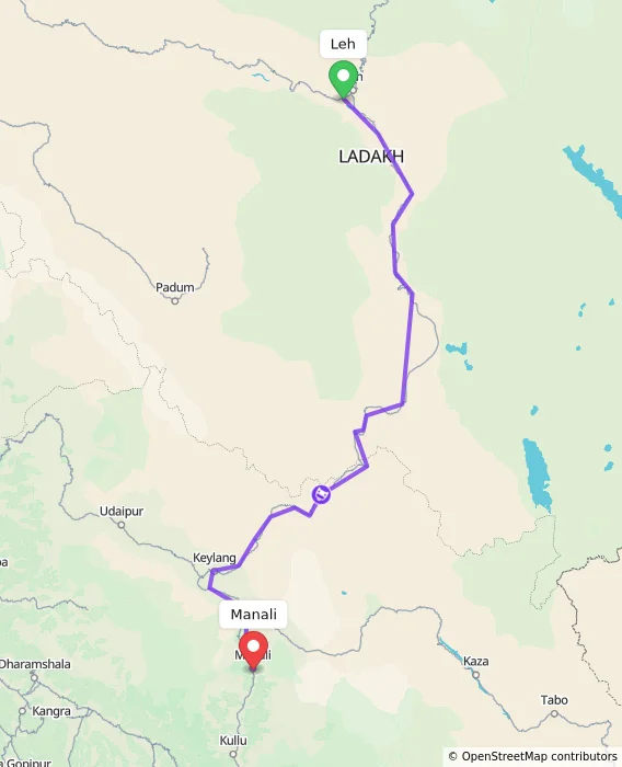 Route map showing distance and travel time from Leh, India to Manali, India